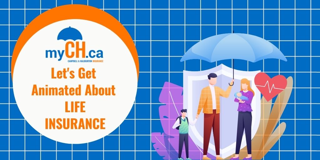 Get animated about life Insurance Regina Campbell & Haliburton Insurance picture of family dad, kid, mom and baby with umbrella over them.