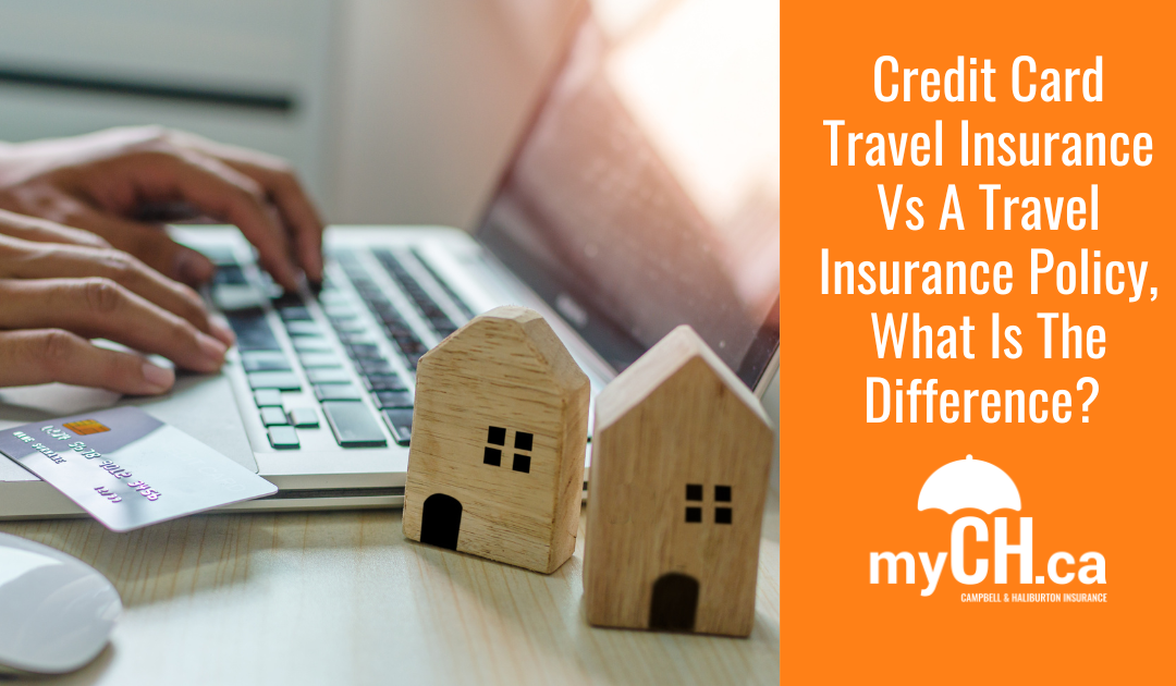 Credit Card Insurance vs a Travel Insurance Policy, MyCH Logo, picture of person buying online