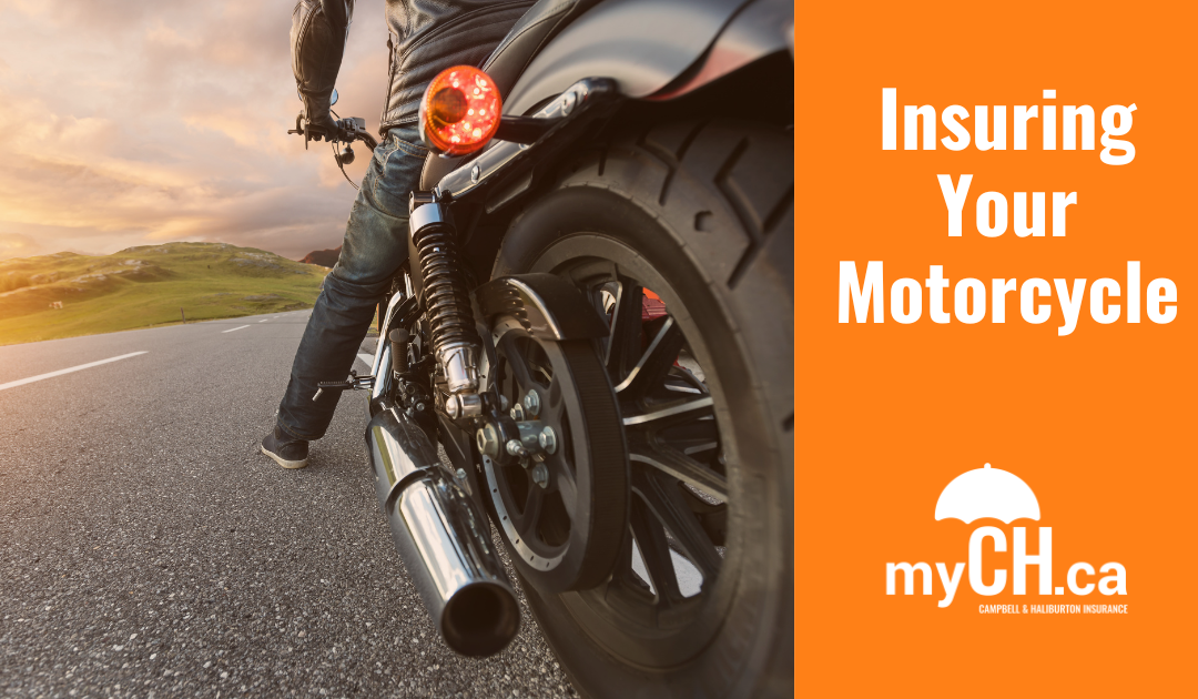 Insuring Your Motorcycle words, picture of a motorcycle on the open road in Regina insured by Campbell & Haliburton Insurance, MyCh.Ca